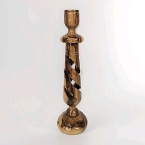 Olive Wood 10" Candle Stick Holder Hollow Spiral MCM Rustic Boho